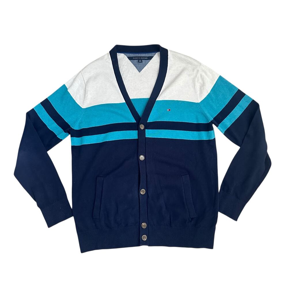 Tommy Hilfiger XL Cotton Cardigan Sweater Blue Teal White Striped Button Up